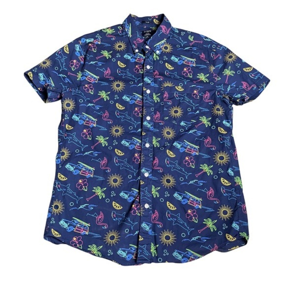 J. Crew Flex Washed Slim Button Down Shirt Neon Shark Print Short Sleeve - M‎